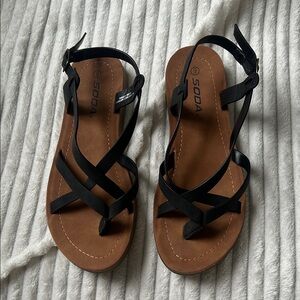 Soda Black Strappy Sandals with Brown Footbed